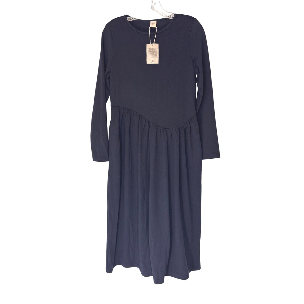 Lintico Wool Asymmetric Curved-Cut Midi Sweater Dress Navy Blue Neutral Small